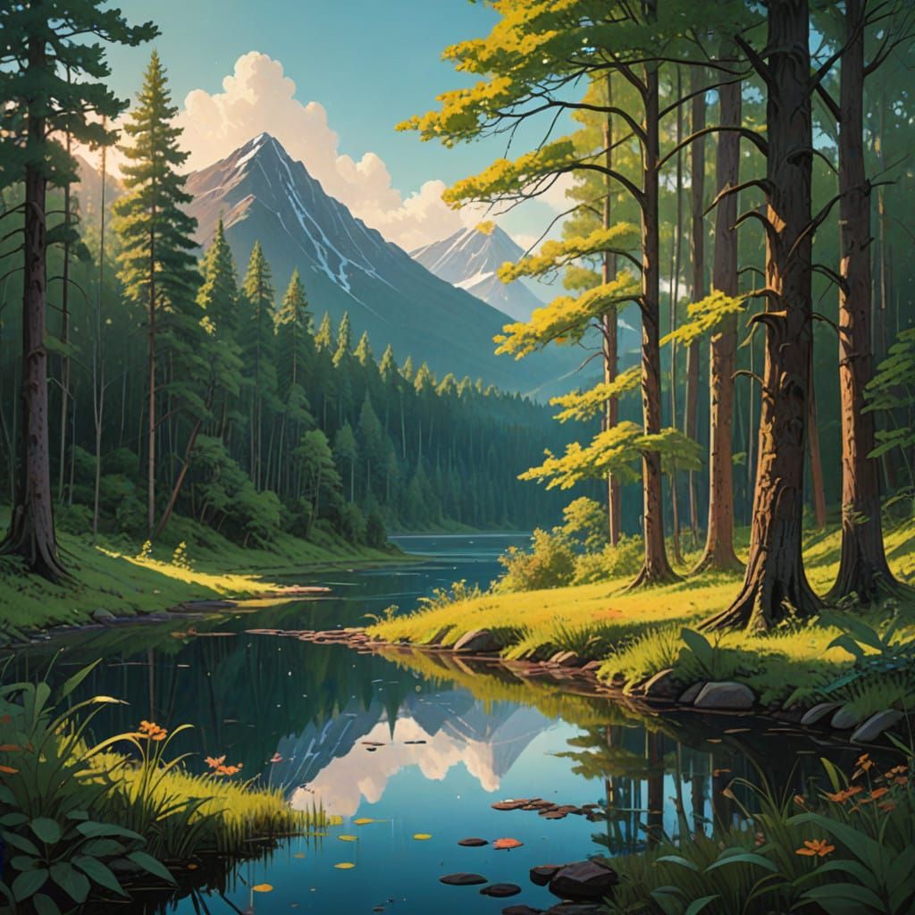 Serene Mountain Lake Landscape in Realistic Style