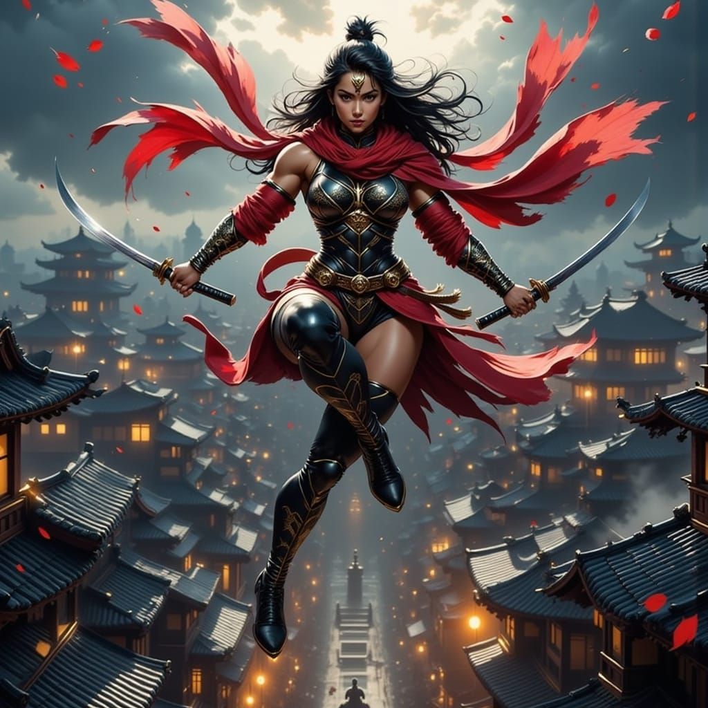 Legendary Ninja Warrior with Katana in Dramatic Baroque Ligh...