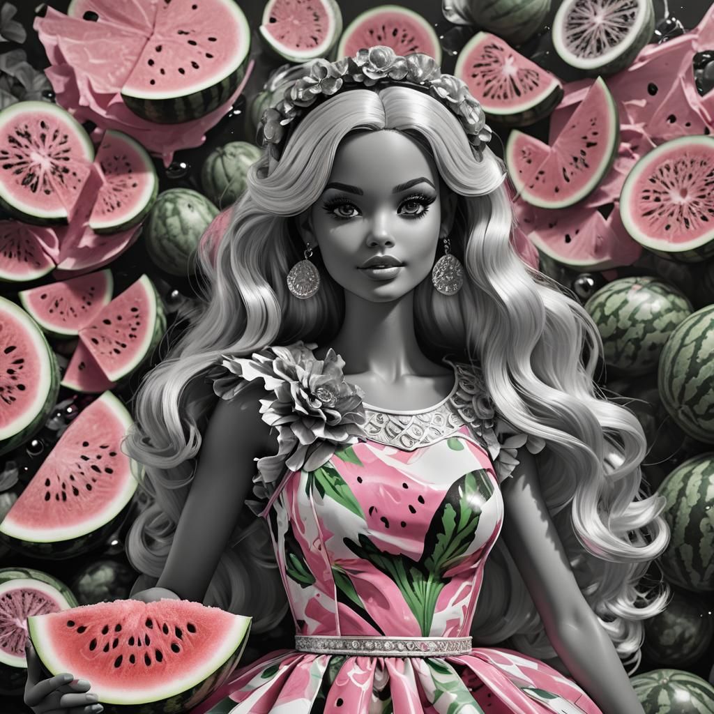 Hyperrealistic Teen Barbie with Watermelon in Black and Whit...