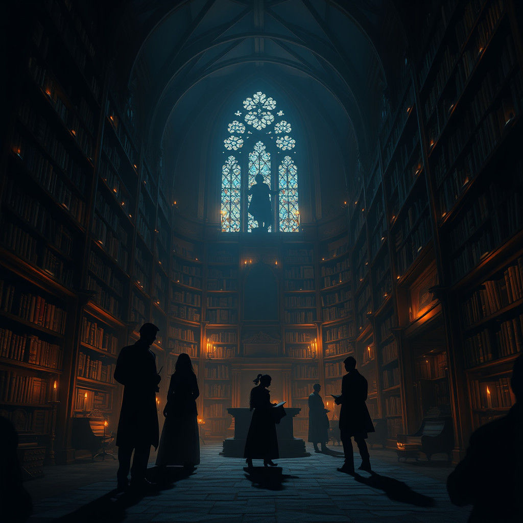 Animated Shadows Dance in Ancient Library, Mystical Scene