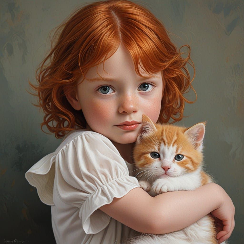 Child with Kitten: A Delicate Oil Painting
