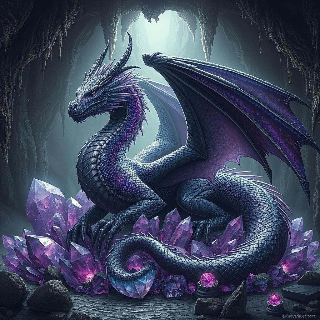 A majestic dragon with iridescent purple scales, curled atop a full treasure hoard of glowing amethyst crystals inside a...