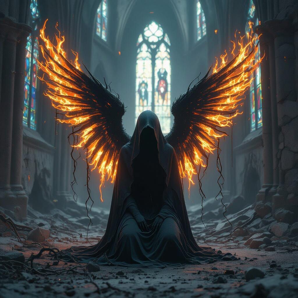 Burning Angel Kneeling in Ruined Cathedral