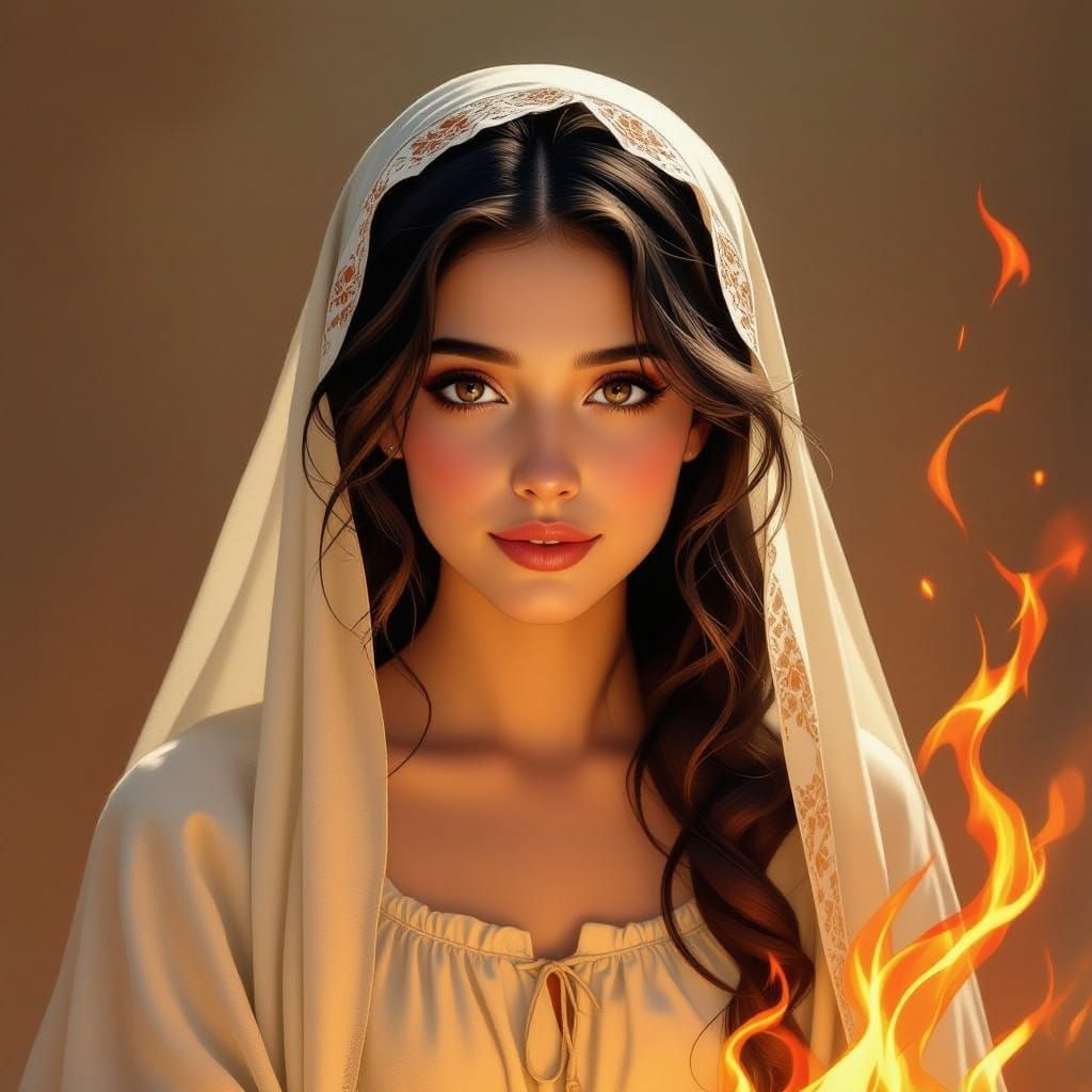 Modest Young Woman with Fiery Accents, Pre-Raphaelite Style