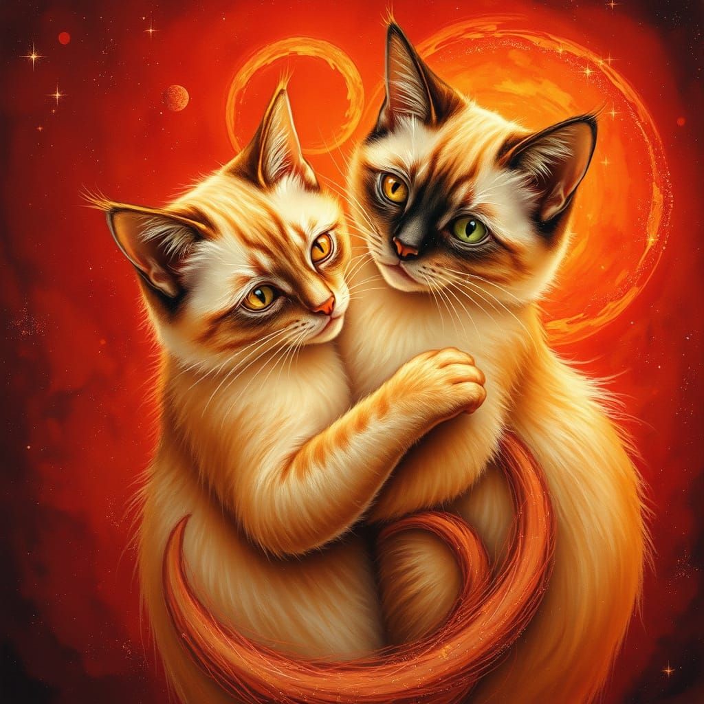 Ethereal Siamese Cats in Cosmic Embrace, Mixed Media