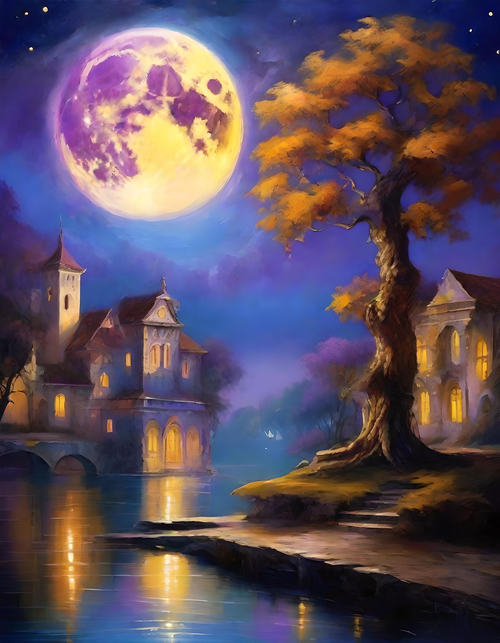 Renaissance Village with Giant Moon in 3D
