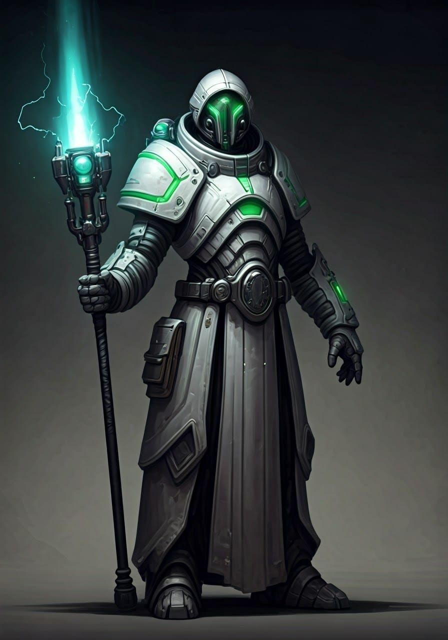 Cybernetic Warlock Engages in Futuristic Ritual