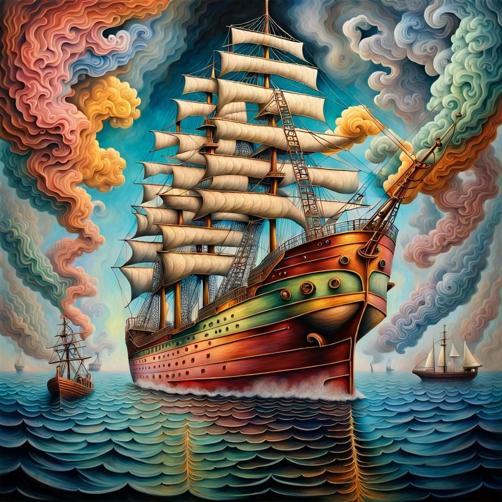 Surreal Ship Sailing into Fog, Hyperdetailed Art