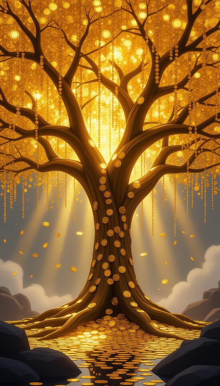 Golden Money Tree With Flowing Coins and Banknotes