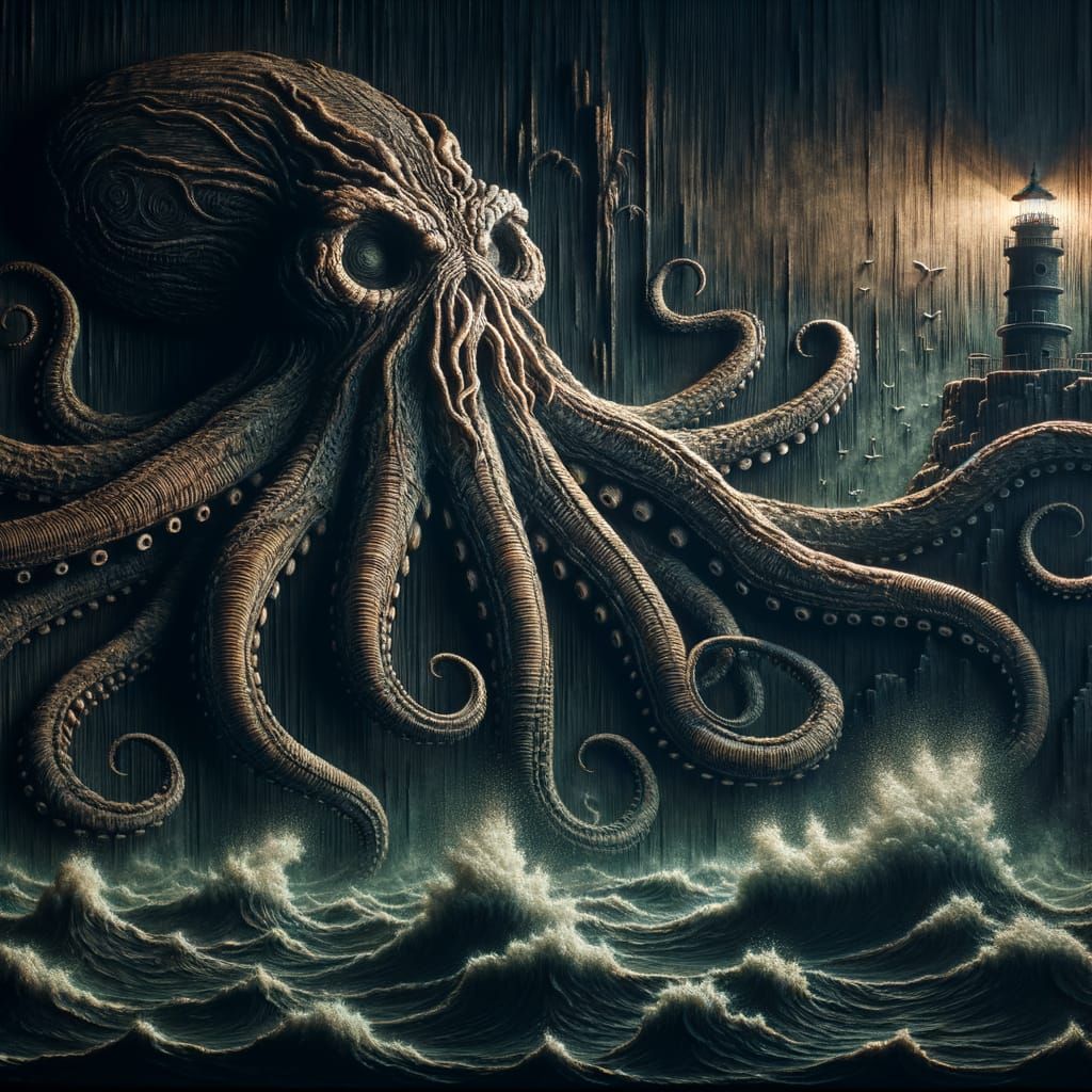 A colossal kraken emerging from a stormy, ink-black sea, its...