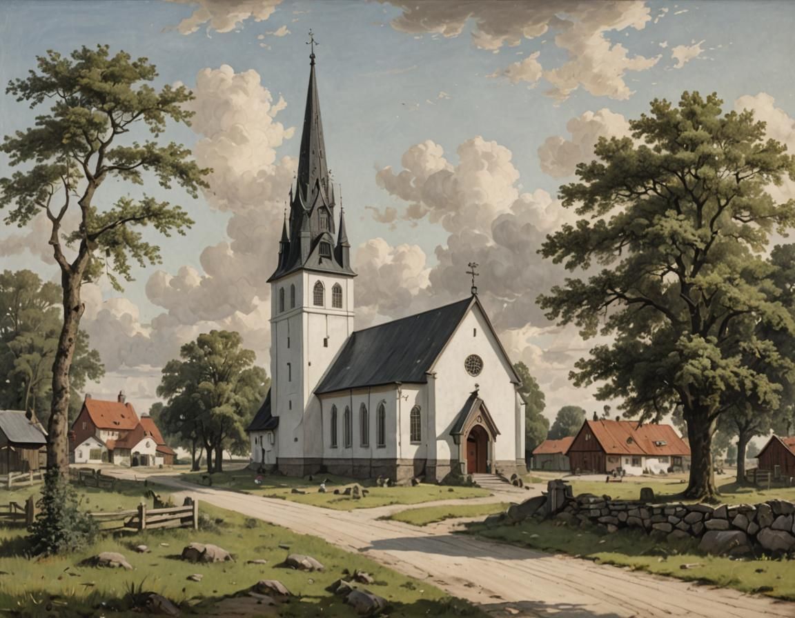 Village Church in Digital Painting Style