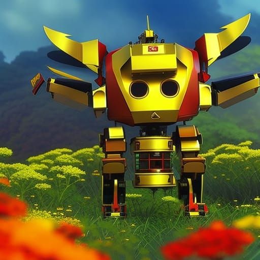 Anime Bee Robot Warrior in Grassy Field