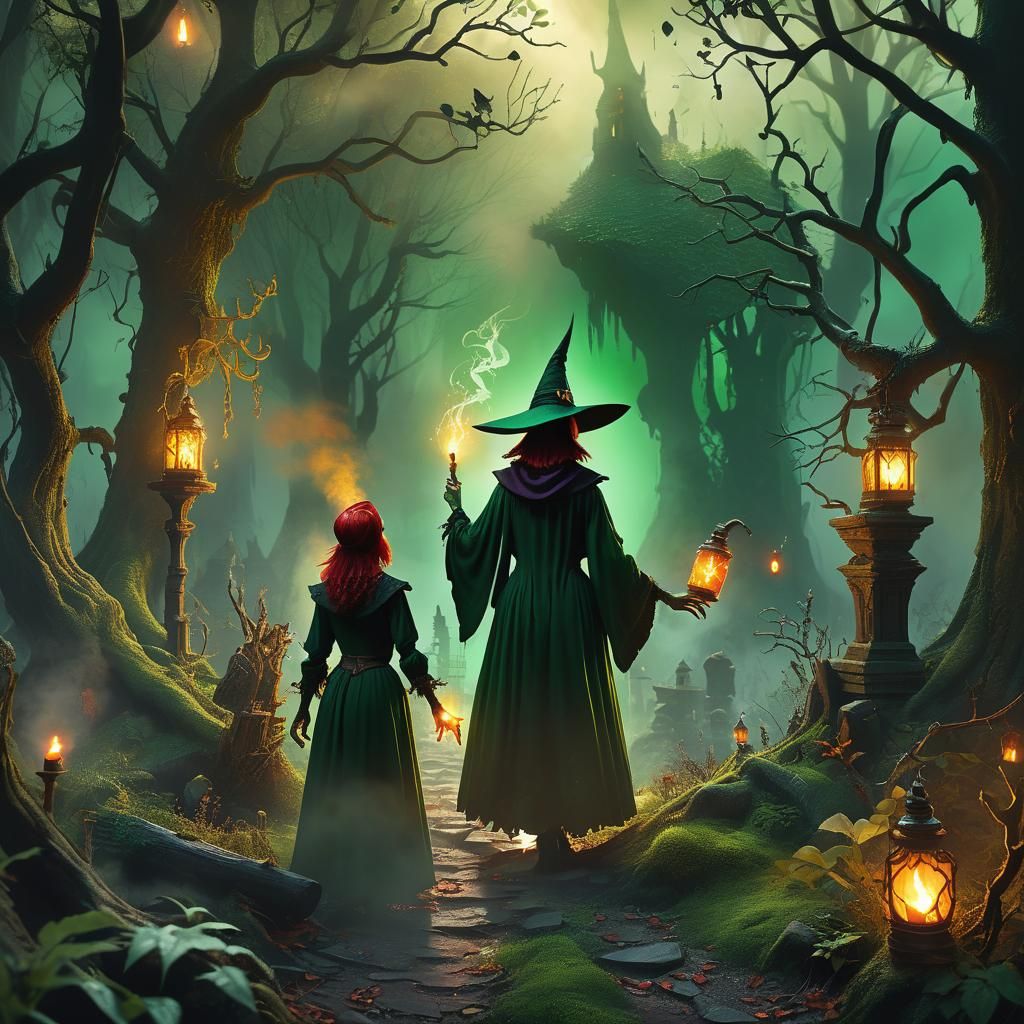 Wicked Witch Conjuring Spells in Mystical Forest
