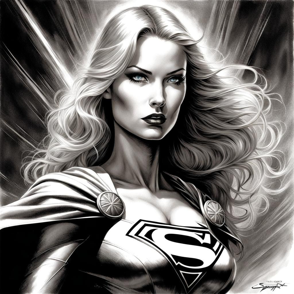 Vintage Monochrome Portrait of Supergirl in Splash Art