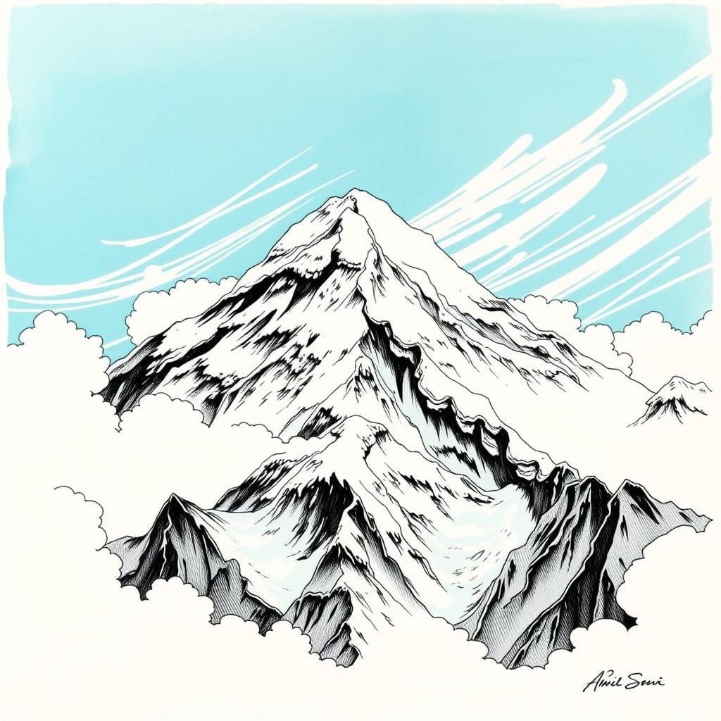 Mount Everest in Detailed Ink Illustration