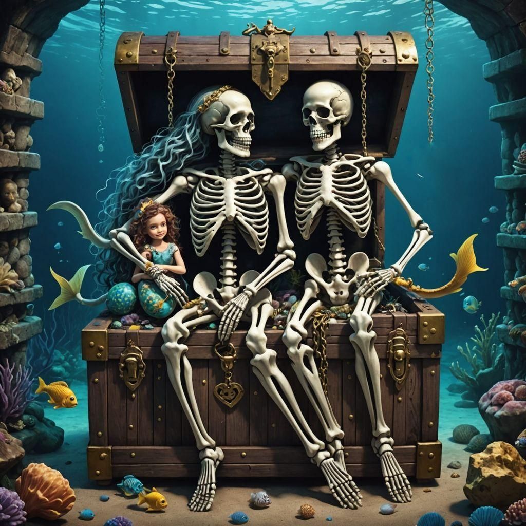 Underwater Skeleton with Mermaids and Treasure