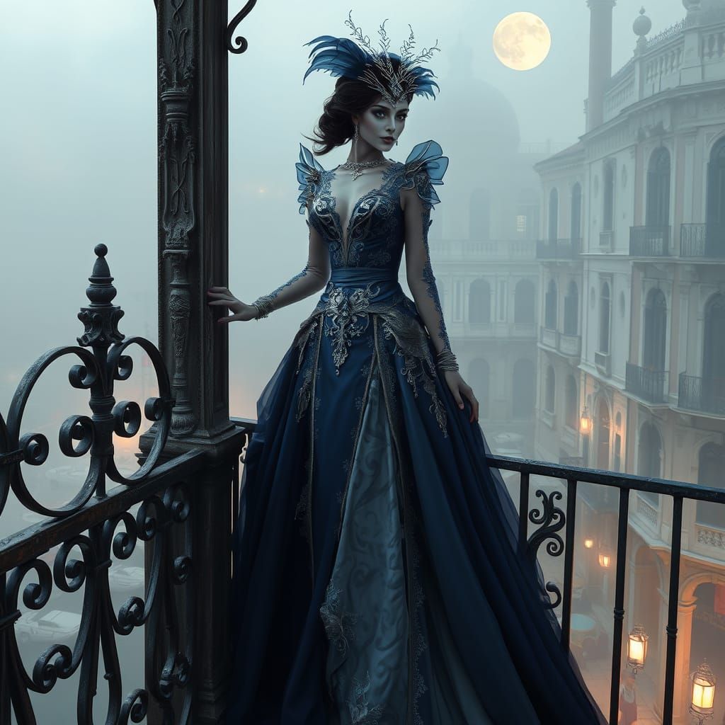 A dramatic, atmospheric digital painting depicts a tall, elegant figure in a sapphire and silver masquerade gown leaning...