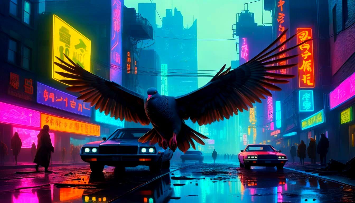 Cyberpunk Dove Takes Flight Over Neon City