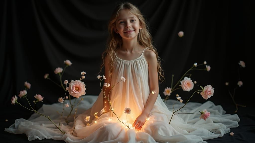 Ethereal Girl in White Dress with Pastel Flowers