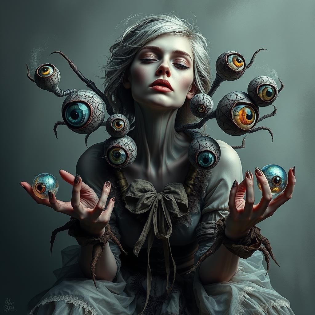 Eerie Woman with Multiple Eyes in Digital Painting Style