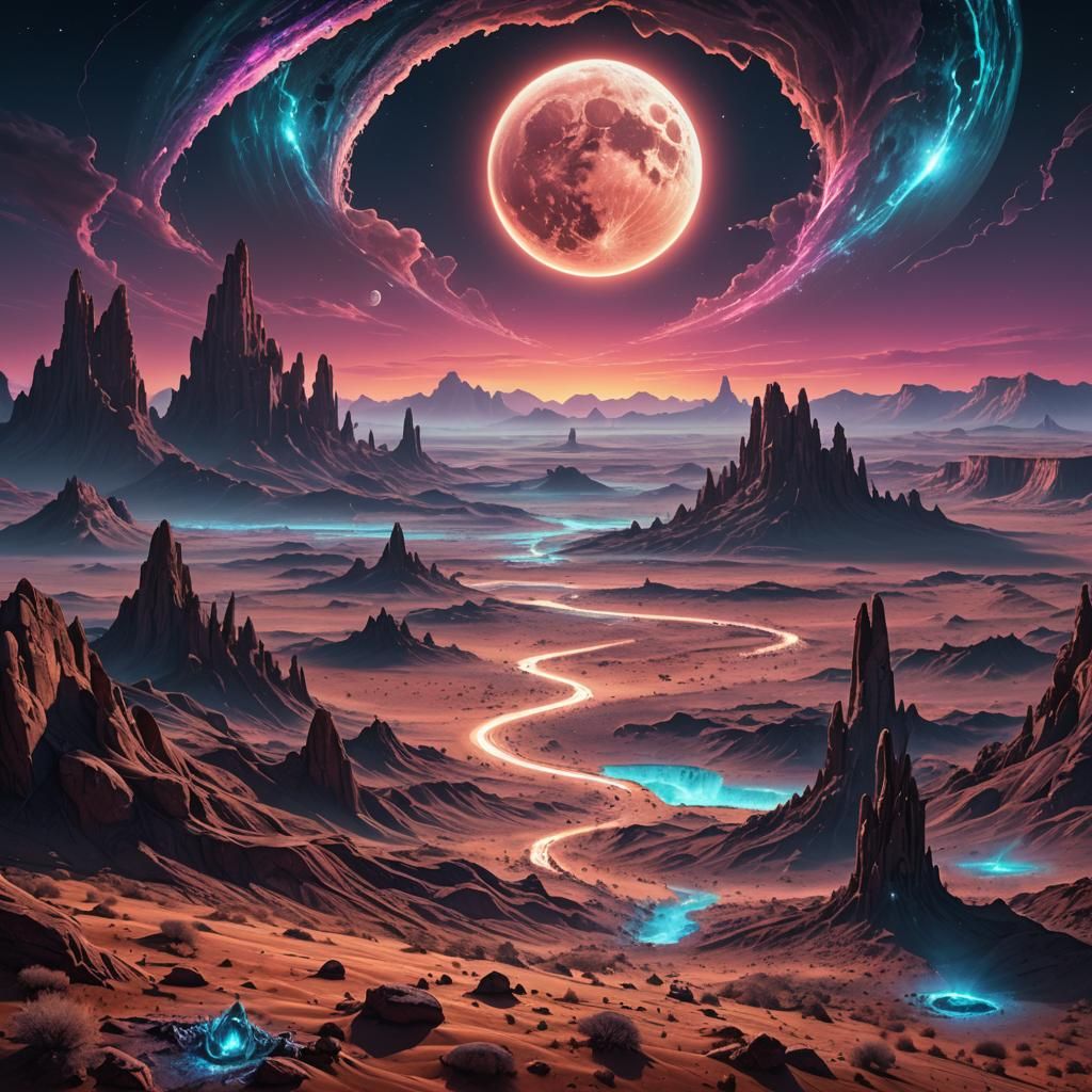 Alien Moon Over Desert Landscape: Fantasy Concept Art