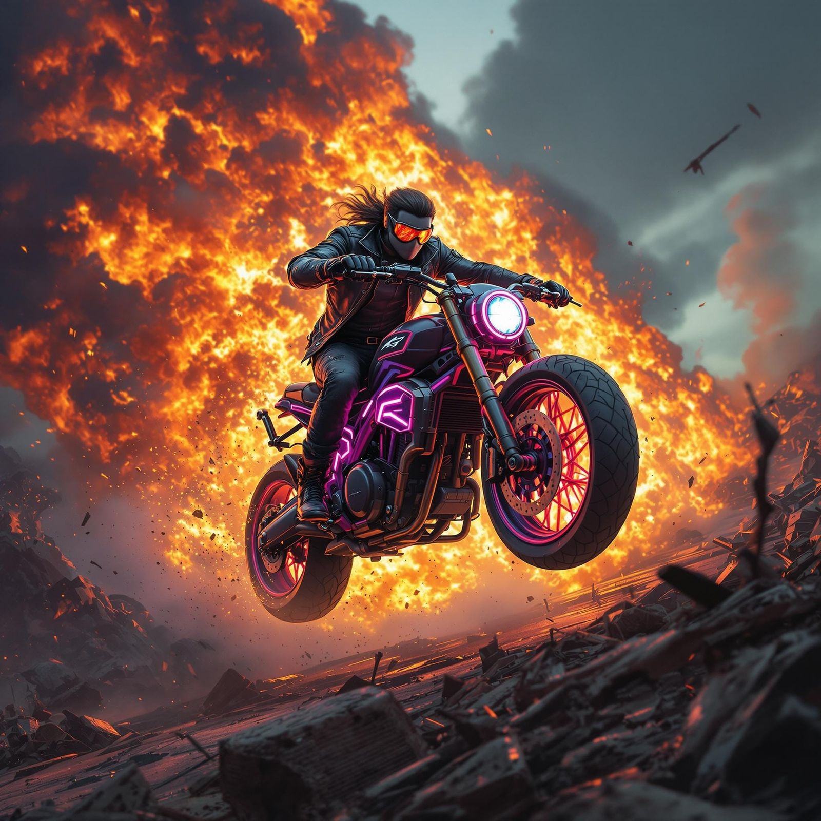 Feline Motorcyclist Leaping Through Fireball, Fantasy Concep...