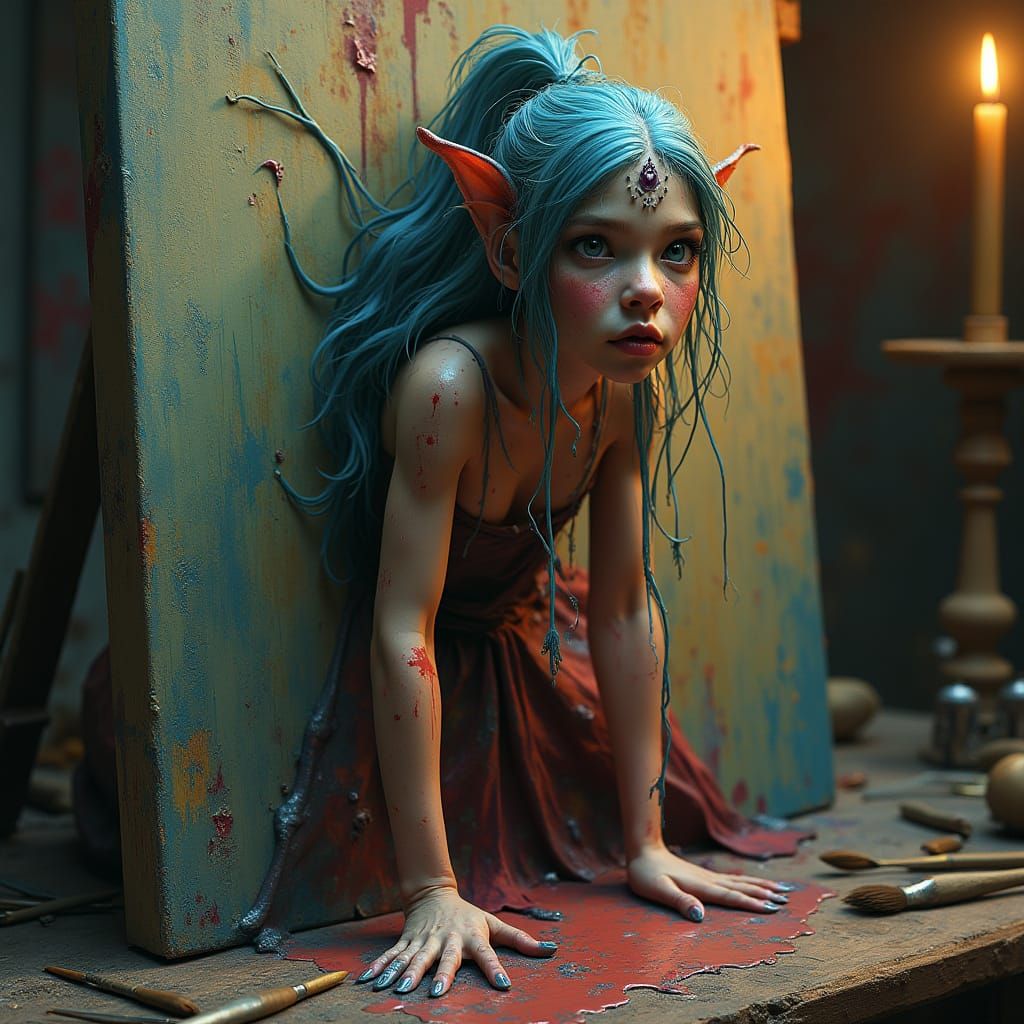 Fairy Emerges from Canvas in Surrealist Studio