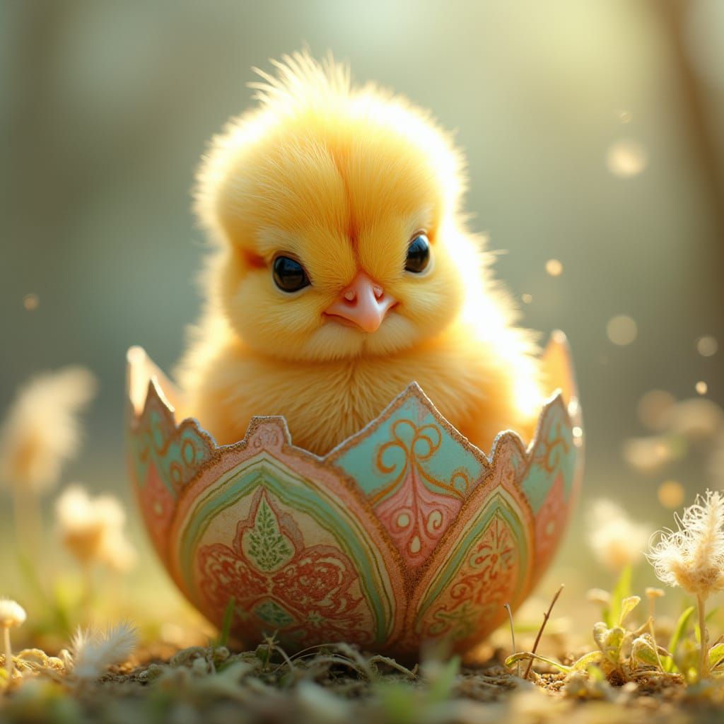 Whimsical Easter Chick Emerges from Ornate Egg in Watercolor...