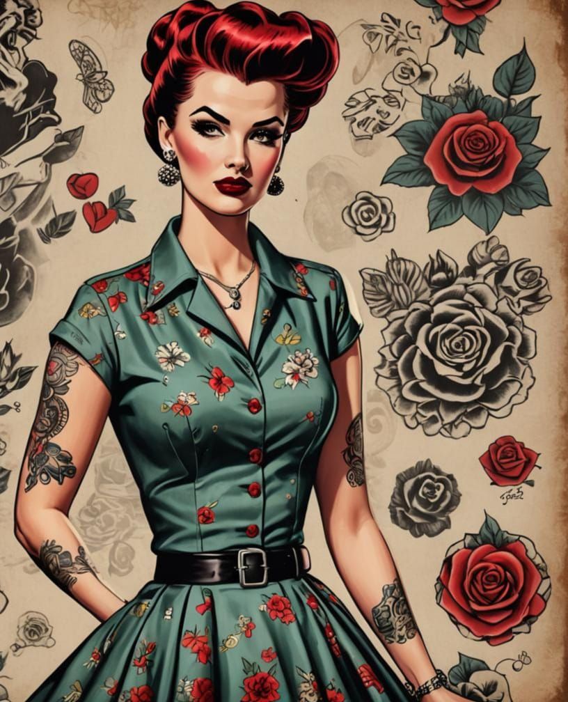 Retro Rockabilly Girl with Victory Rolls and Tattoos