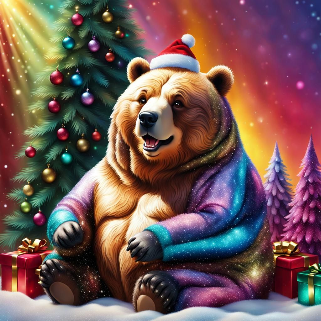 Playful Christmas Bear with Glitter Tree