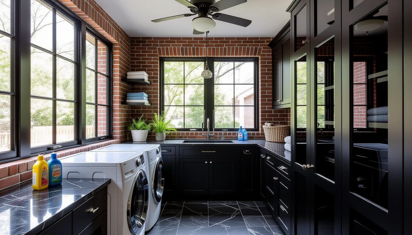 Victorian Laundry Room with Black Brick and Glass Elements