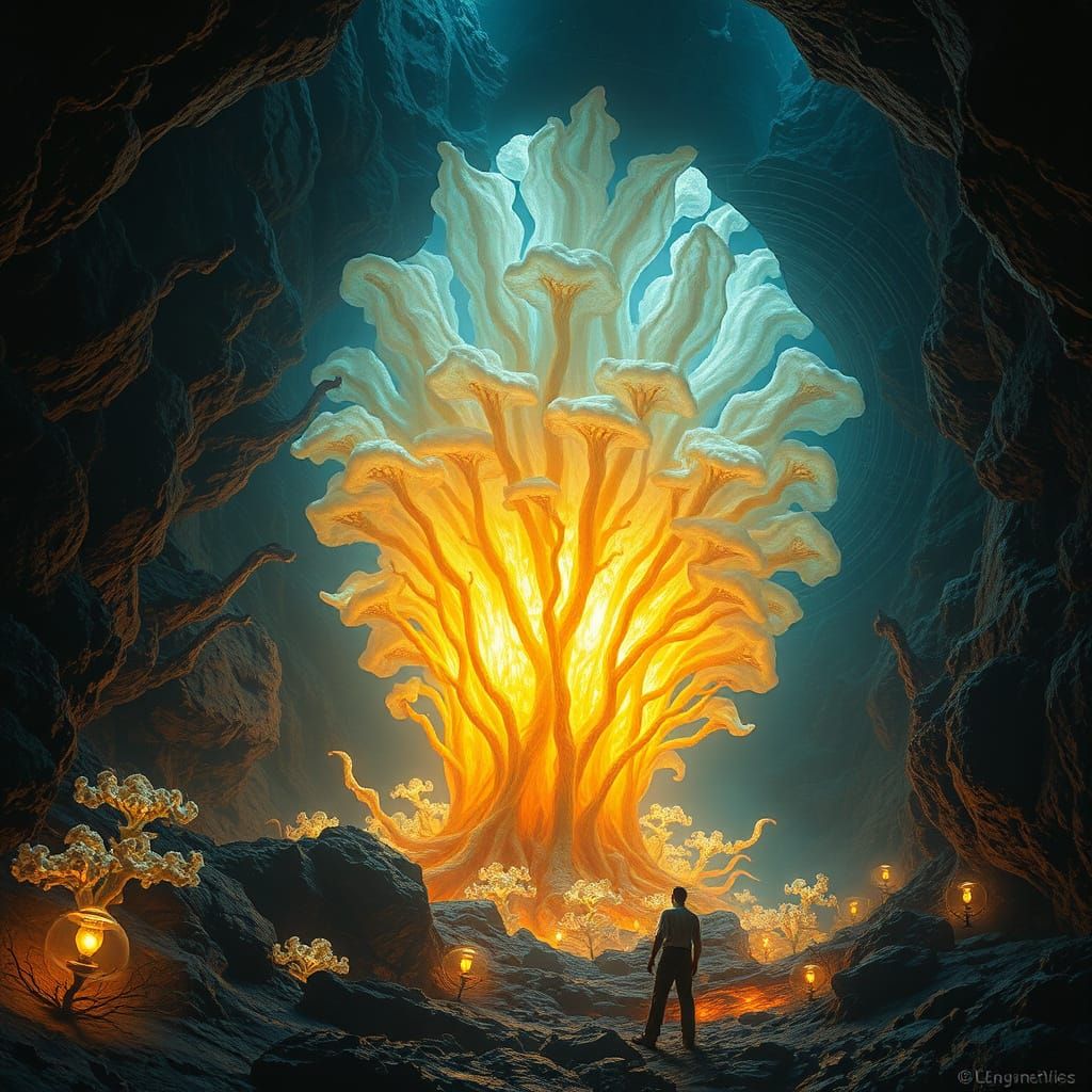 Glowing Mycelial Network in Lava Cave