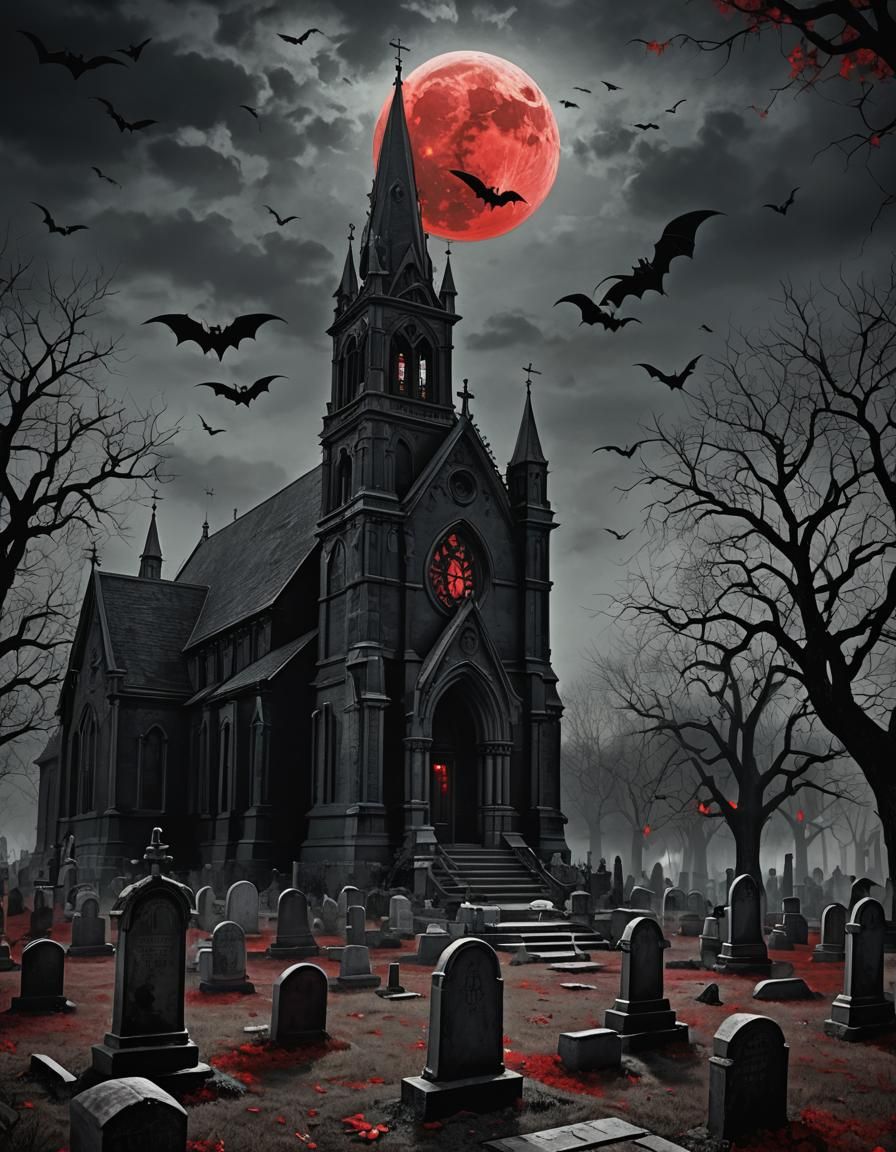 Victorian Gothic Horror: Bat, Moon, and Cemetery