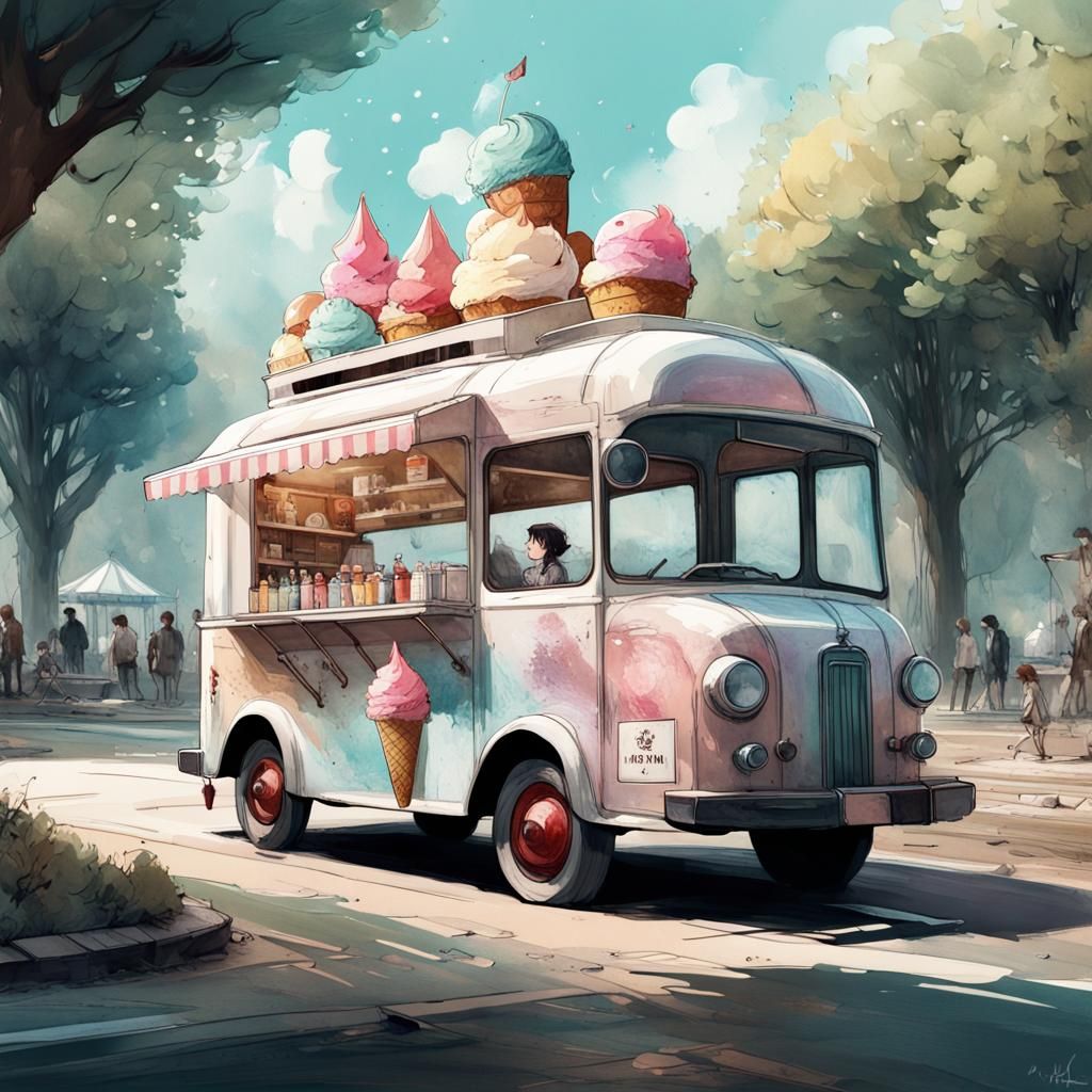 Ice Cream Truck in Park, 3D Digital Art