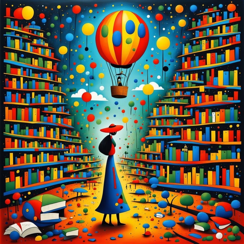 Magical Library Inside Hot Air Balloon, Whimsical Illustrati...