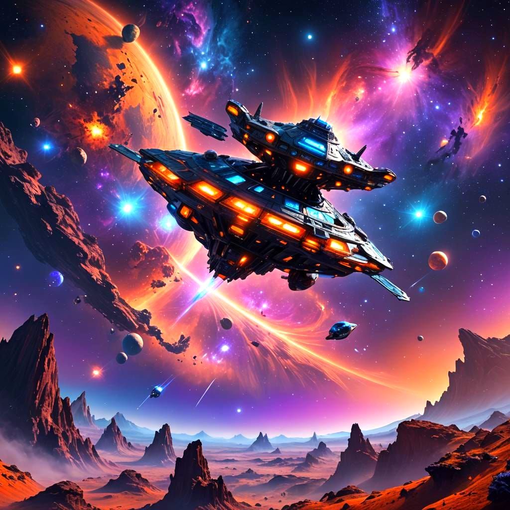 Spaceship Over Planet in Detailed Matte Painting