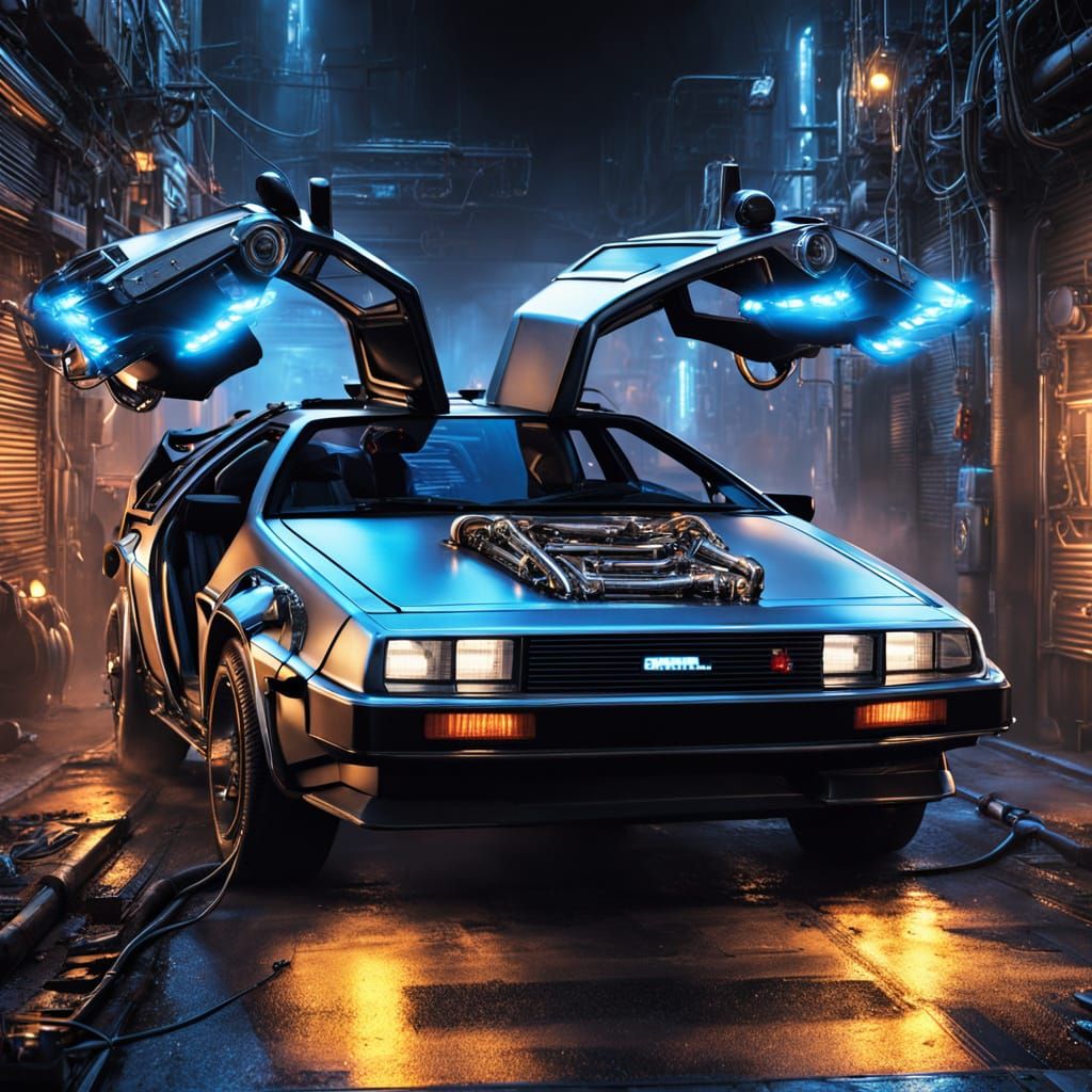 Biopunk DeLorean Speeds Through Neon-Lit Alleyway in Cyberpu...