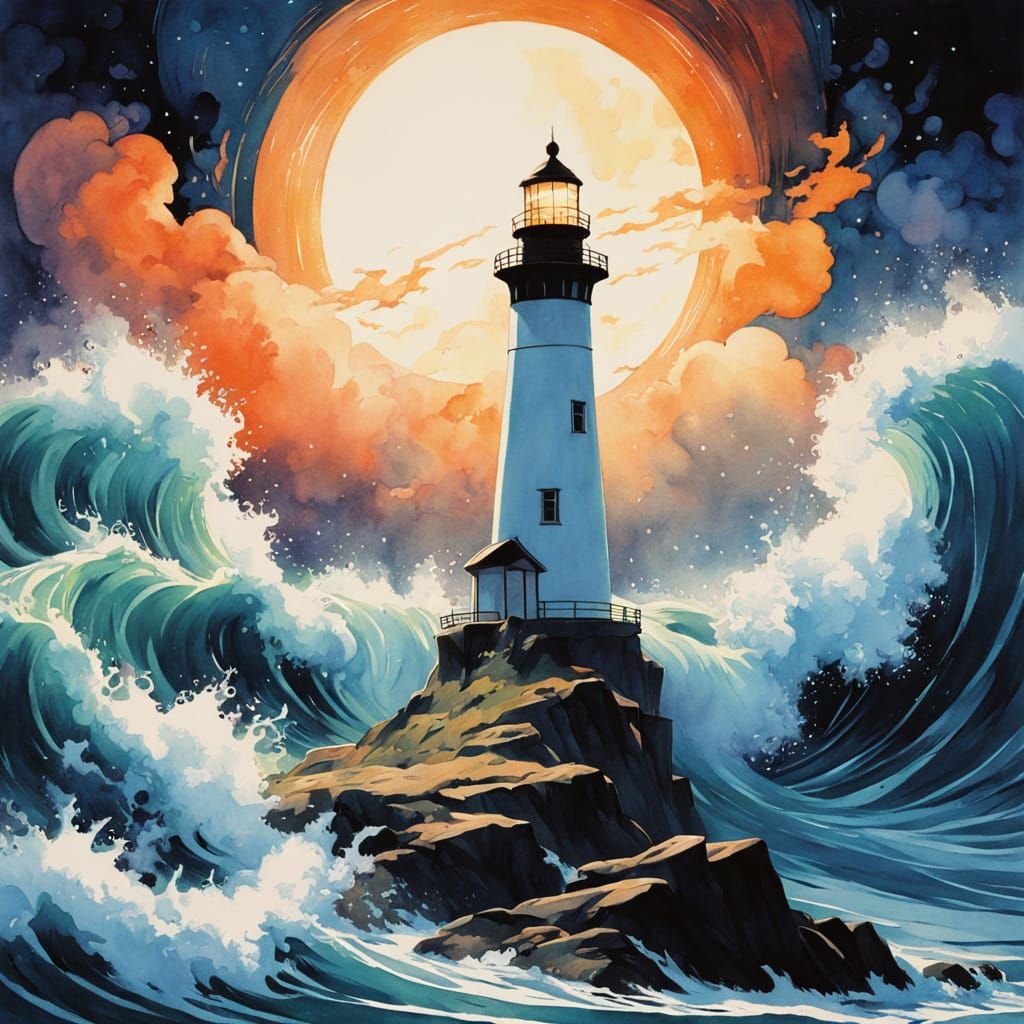 Lighthouse in Stormy Seas with Astral Sky, Watercolour Art