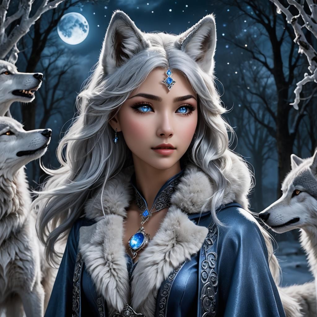 Mystical Wolf Girl Luna with Silver Fur