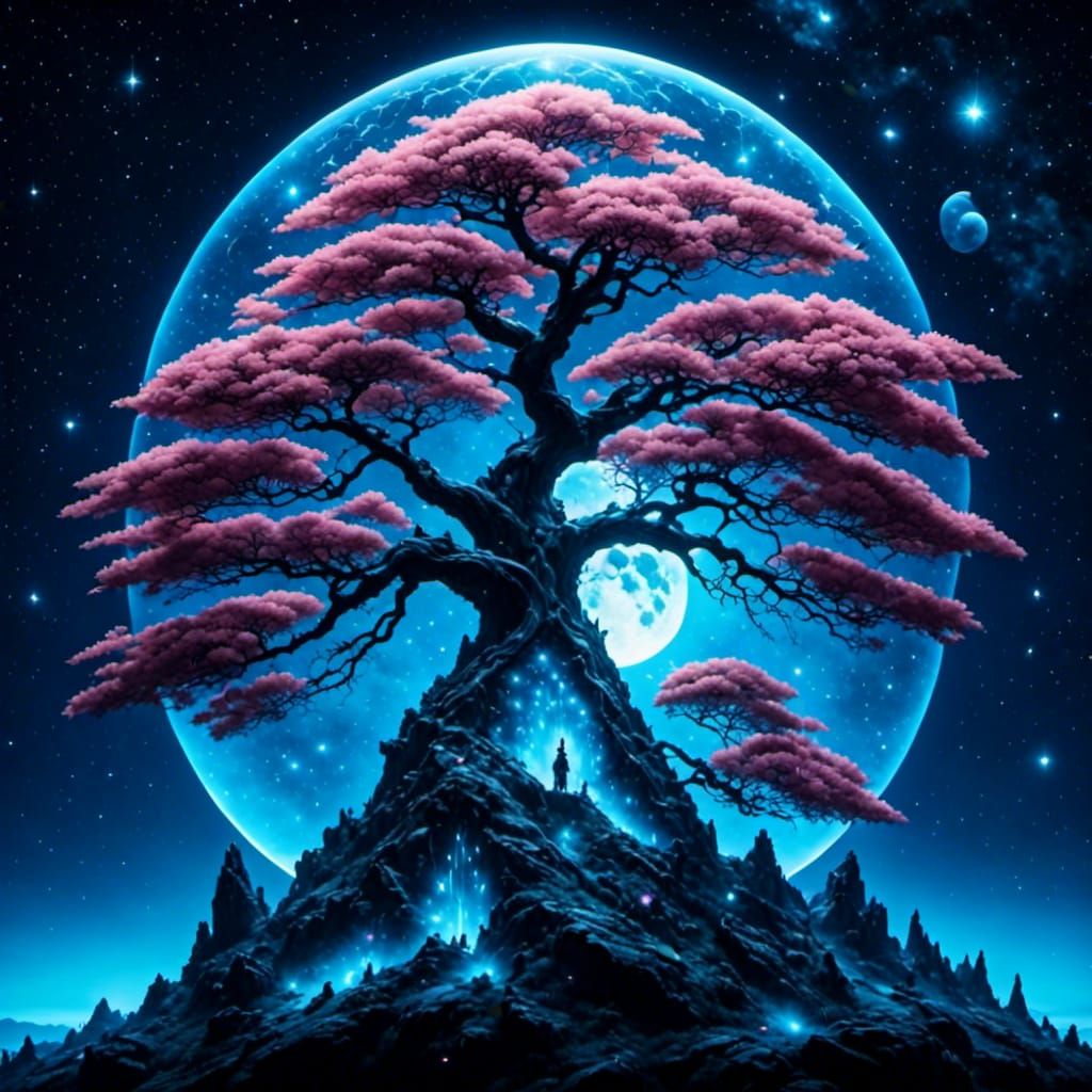 Cosmic Psychedelic Sakura Tree with Dreamlike Effects