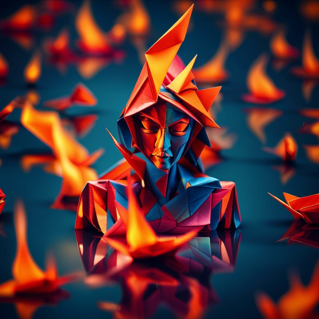 Flaming Origami Woman with Water Reflections