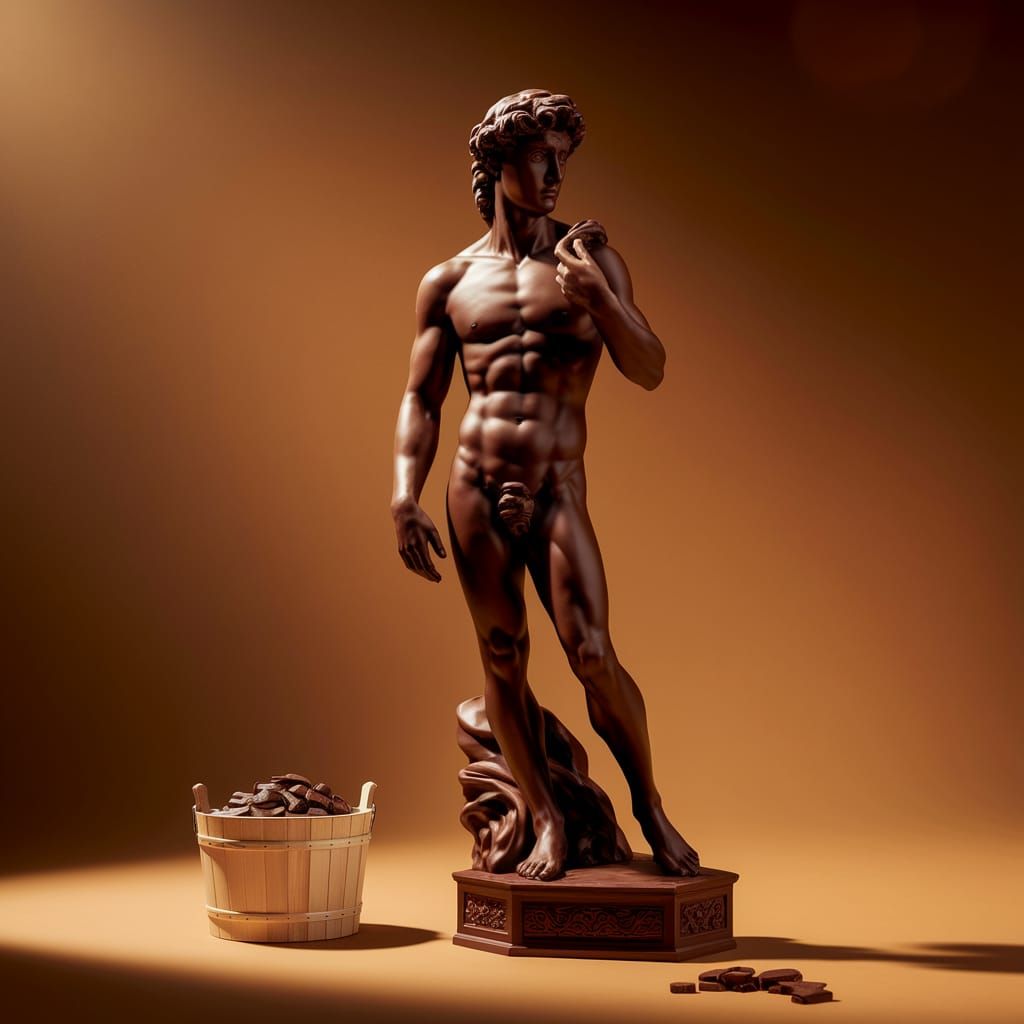 Chocolate Statue of David in Warmly Lit Studio