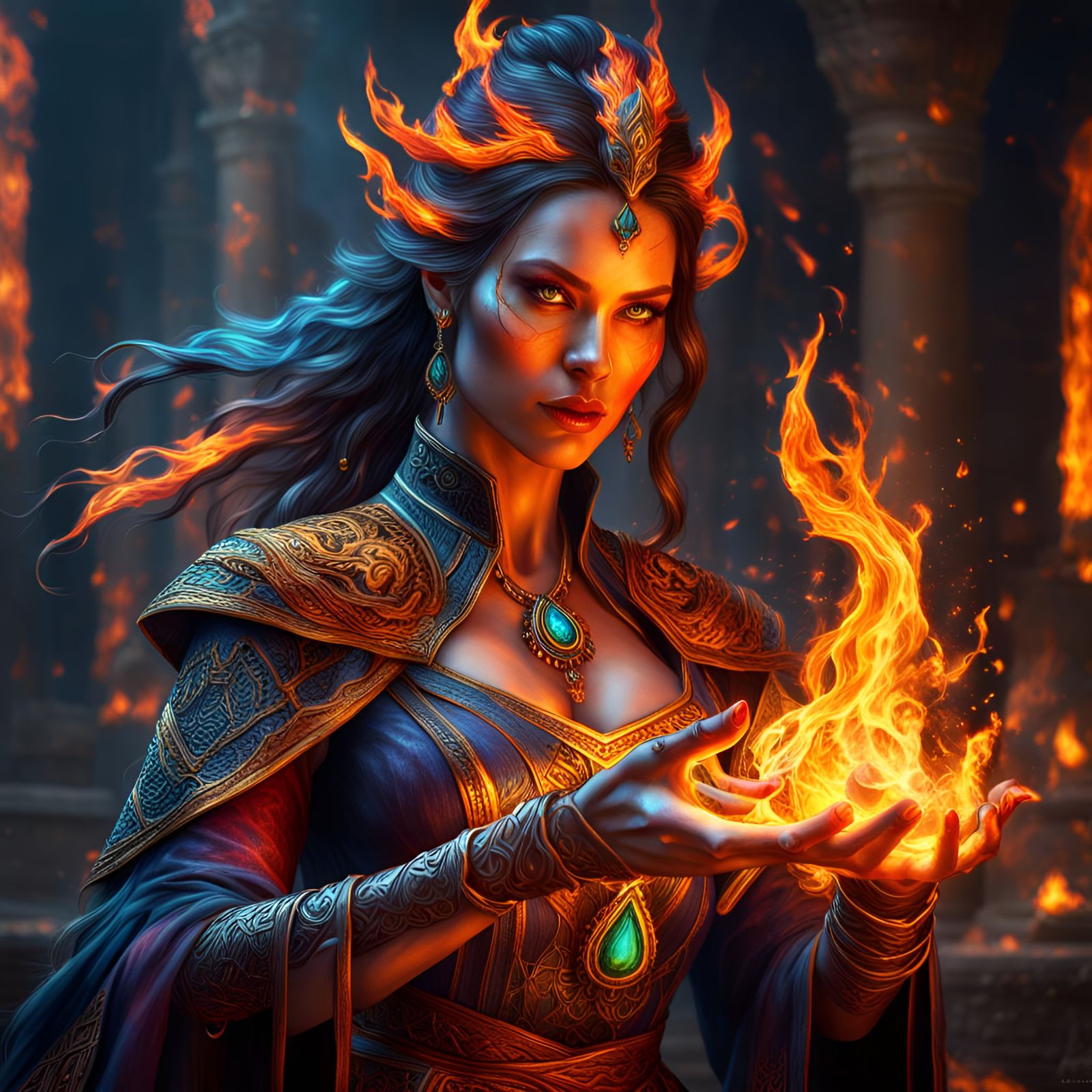 Flame Sorceress Creates Colorful Fire: Anime Art