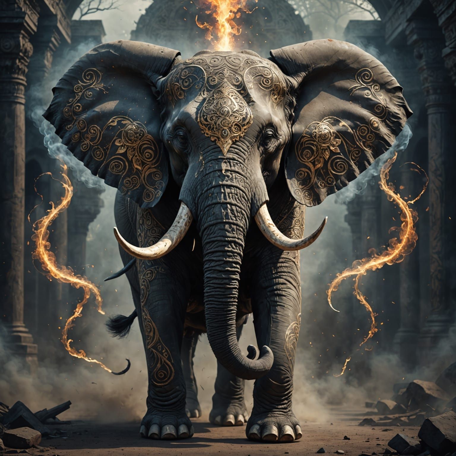 Powerful, Mysterious Elephant Figure in Dark, Ornate Armor