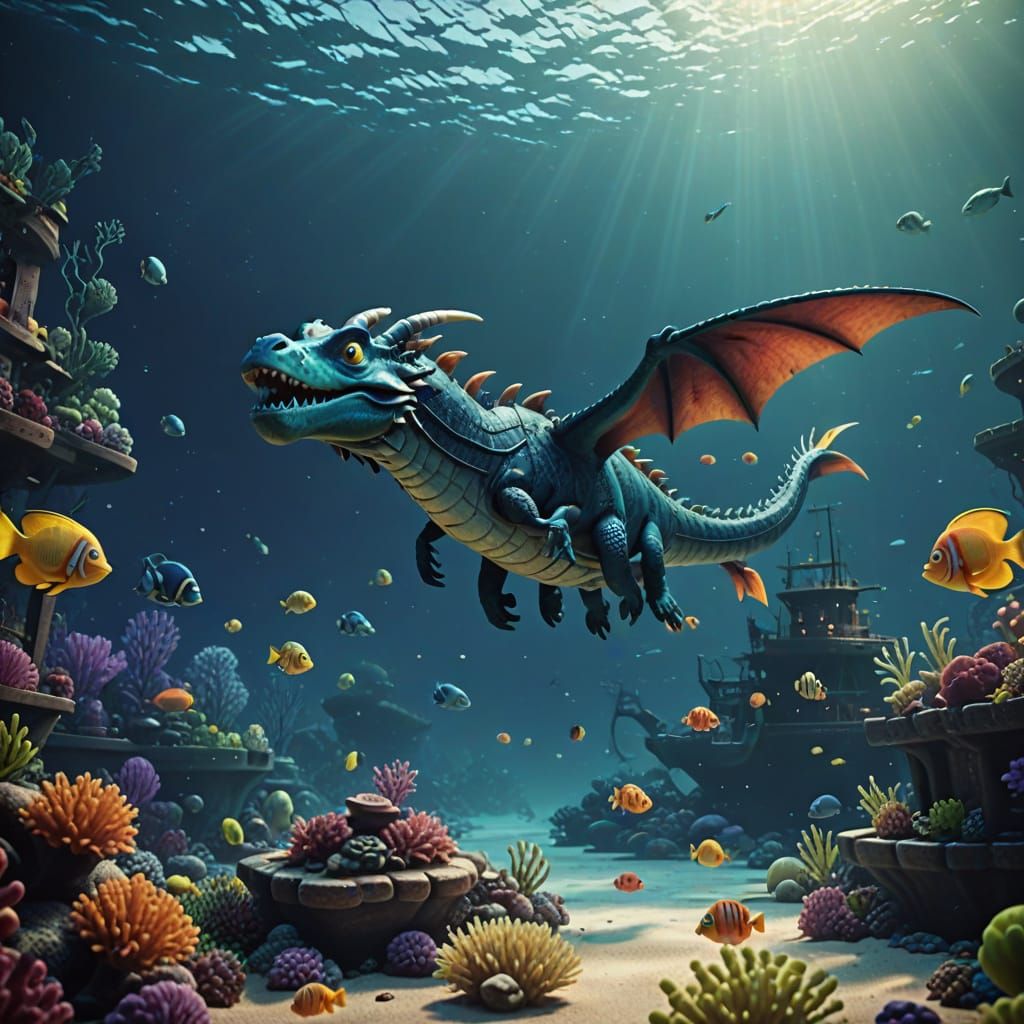 Dragon Swims With Fish in Sunken Ship Scene