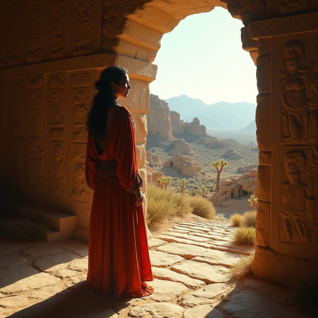 Hyperrealistic Photo of Woman in Shrine with Desert Landscap...