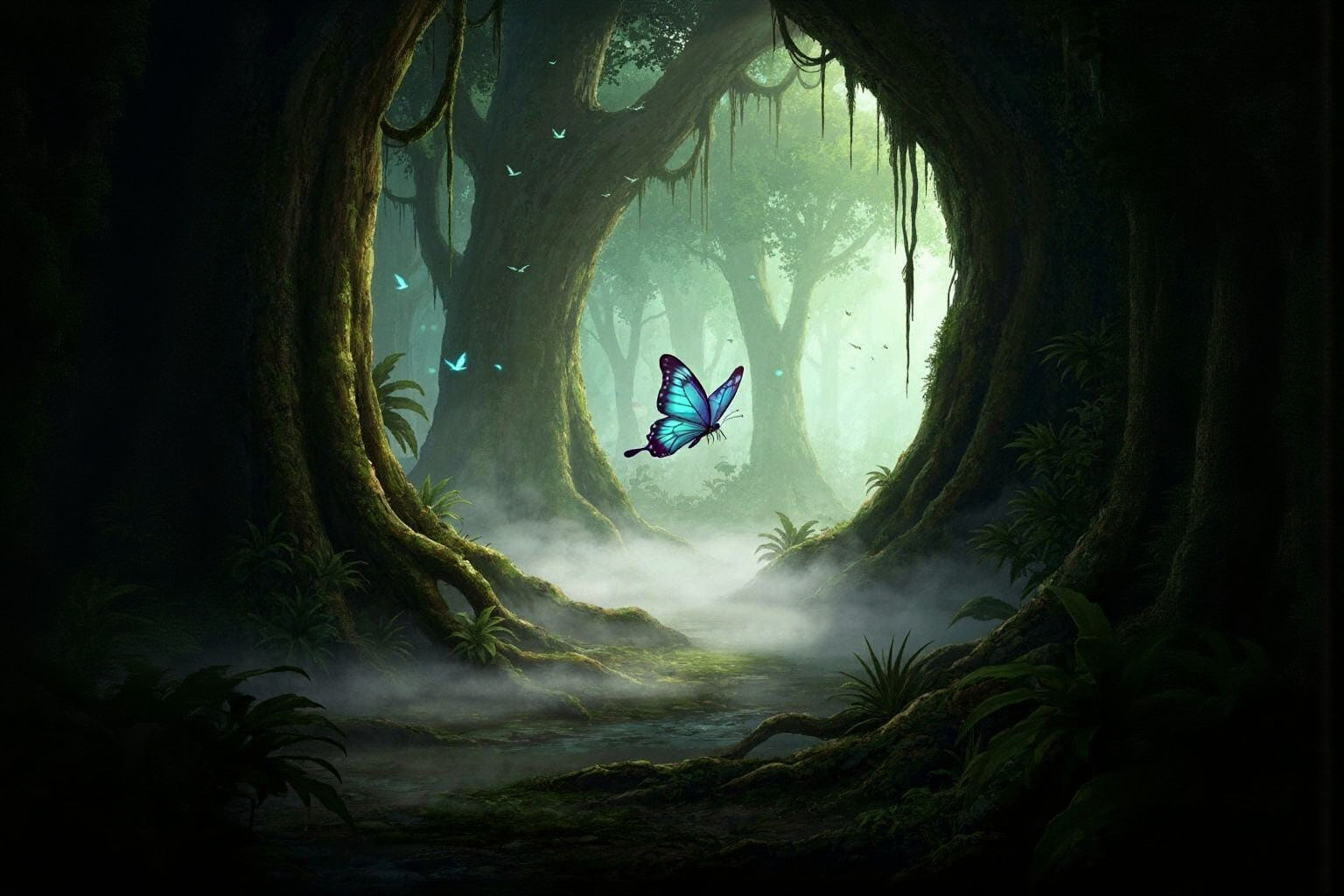 Bioluminescent Butterfly in Jungle Clearing, Fantasy Concept...