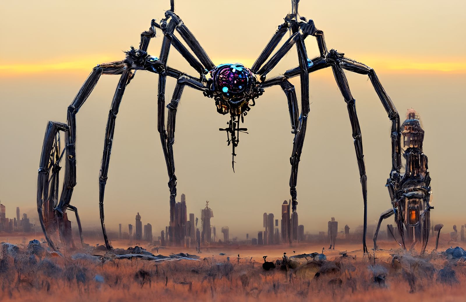 Cyberpunk Spider in Desert Landscape