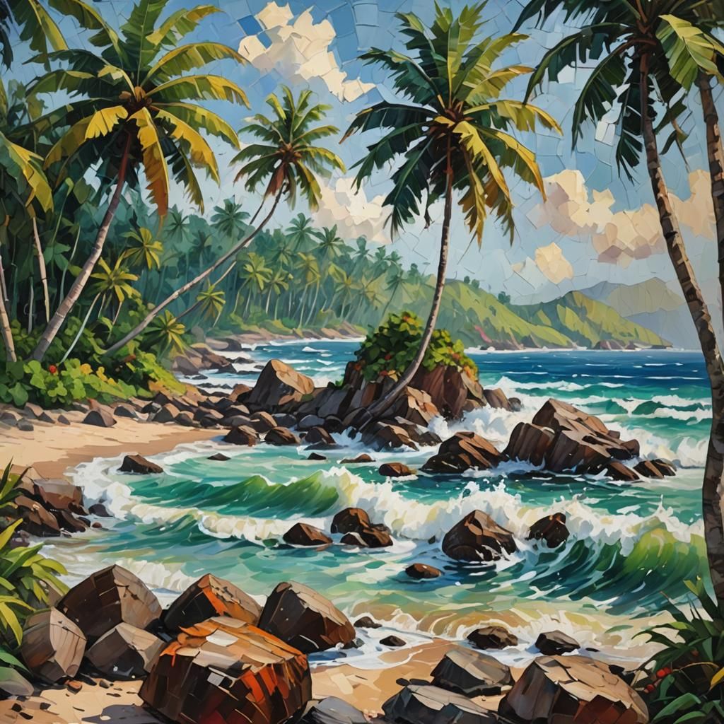 Island Shore in Neo-Impressionist Expressionist Style