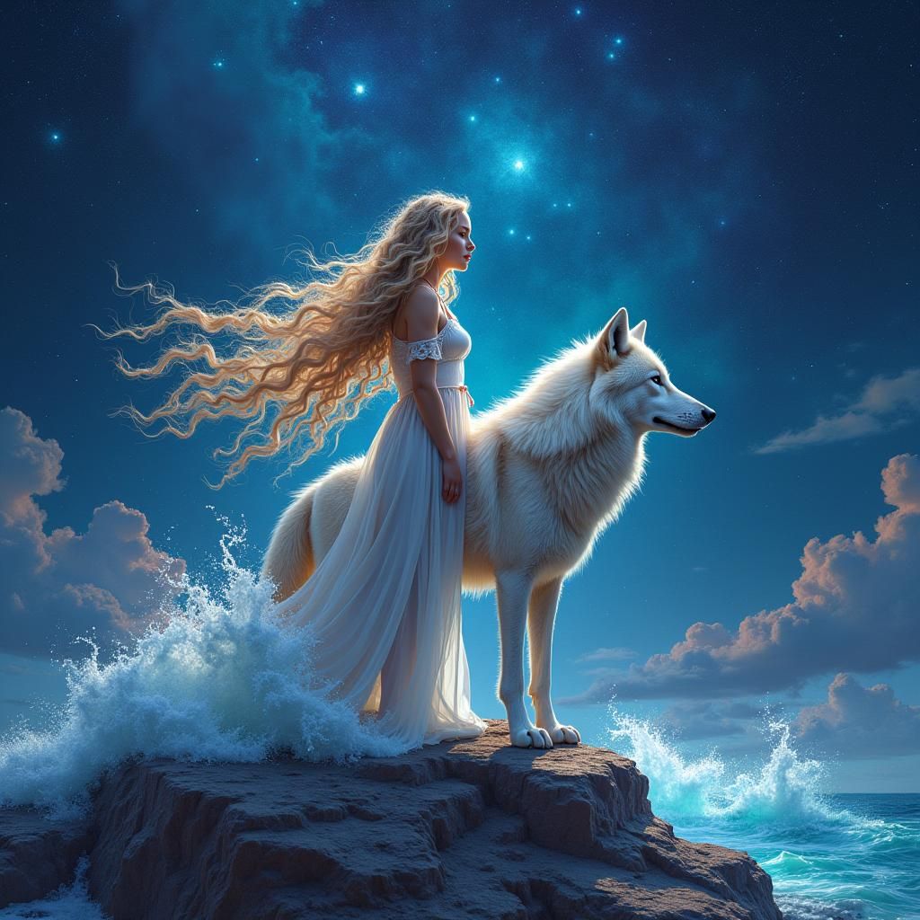 Mystical Girl and Wolf by Glowing Wave in Digital Art